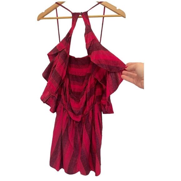 Amadi Anthropologie Striped Romper Linen Purple Pink Ruffle Sleeveless - Picture 7 of 9